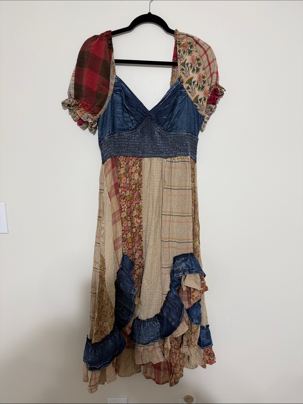 Bohemian Patchwork Midi Dress in Denim and Beige